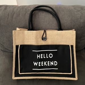 - HELLO WEEKEND burlap tote bag, new